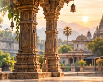 Traditional temple courtyard in warm morning light