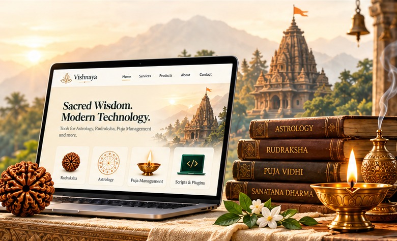 Vishnaya software displayed on a laptop with a Rudraksha bead, sacred books, temple, and diya